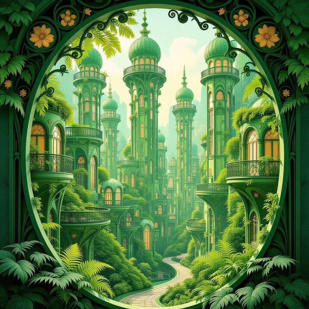 Fantastical Emerald City of Botanical Art Nouveau Architectu...