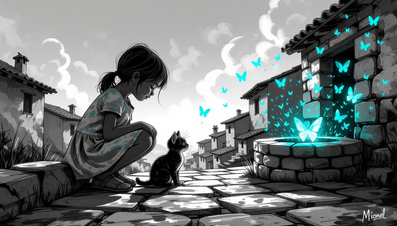Girl and Kitten in Dynamic Graphite Drawing Style