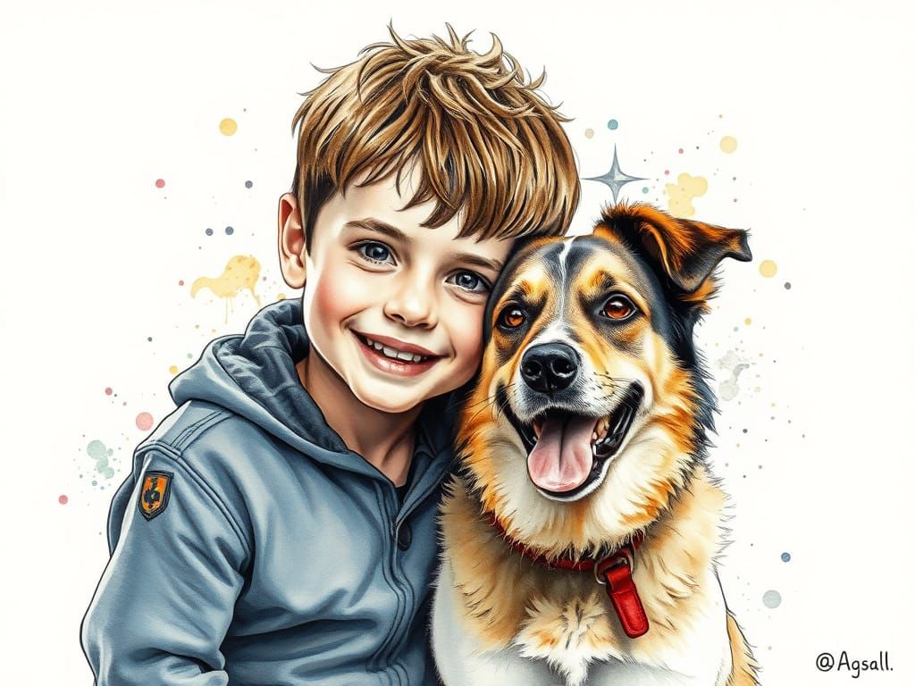 Smiling Boy and Dog in Aquatint Splash Ink Style