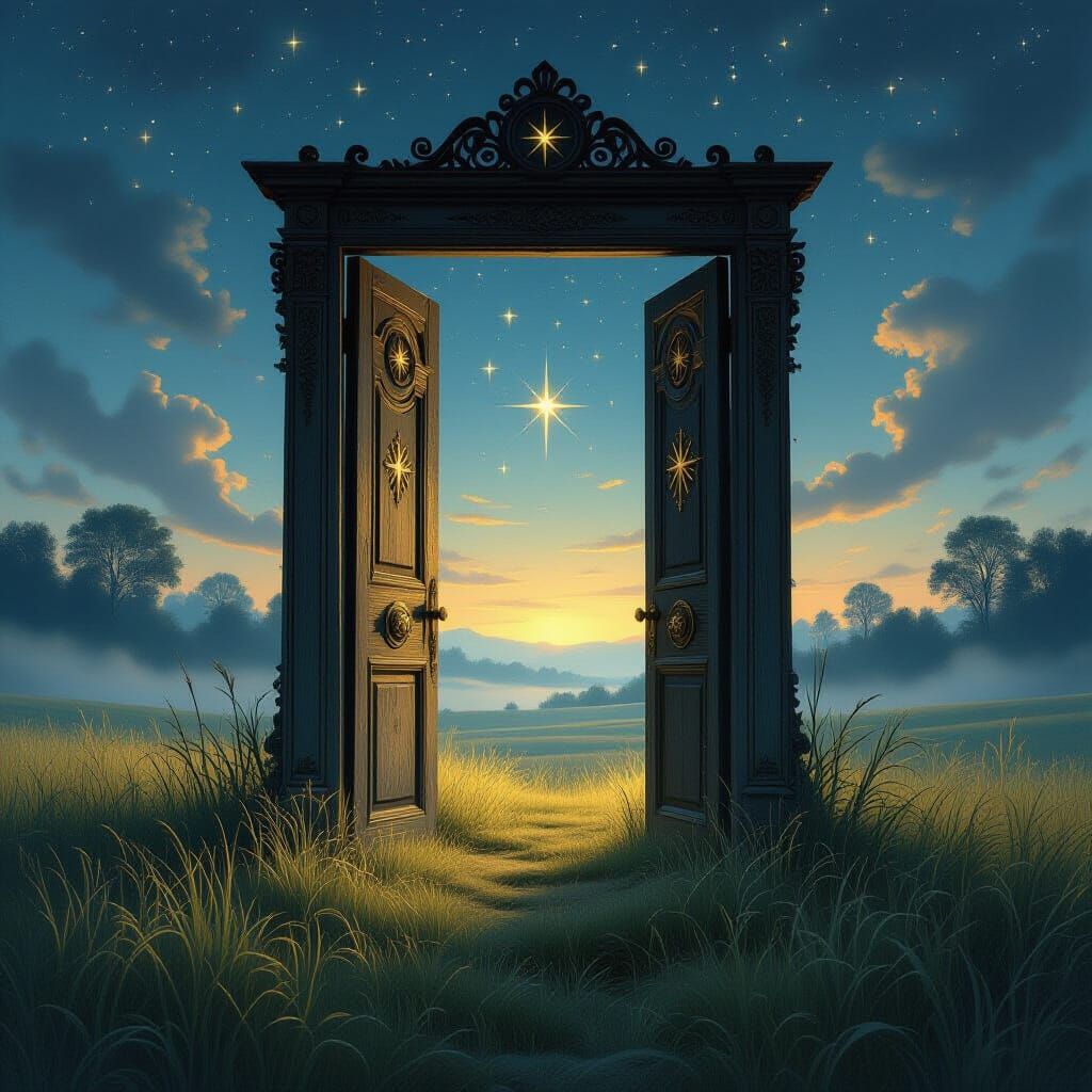 Mysterious Ornate Door in Misty Meadow Under Starlit Sky