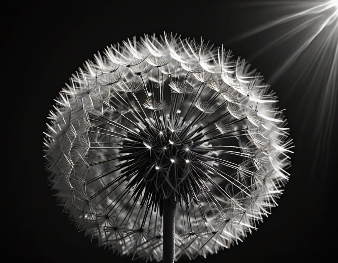 Surreal Close-Up of Dandelion Blowball in Black and White