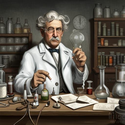 Mad scientist with tangled hair: and the lost look looking at a test tube in his hand: in his messy laboratory: