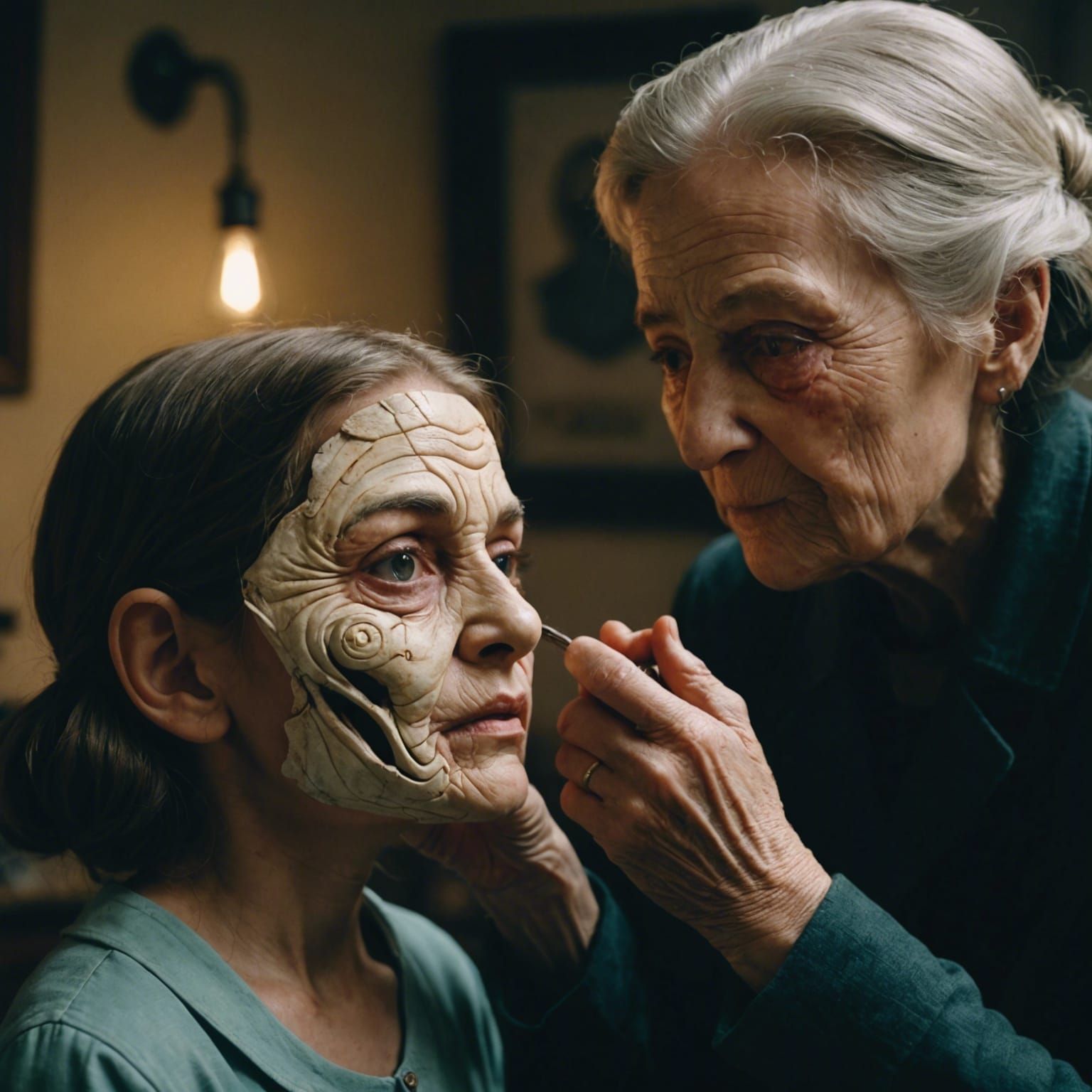 Young Girl Unveiling Herself From Old Woman Mask