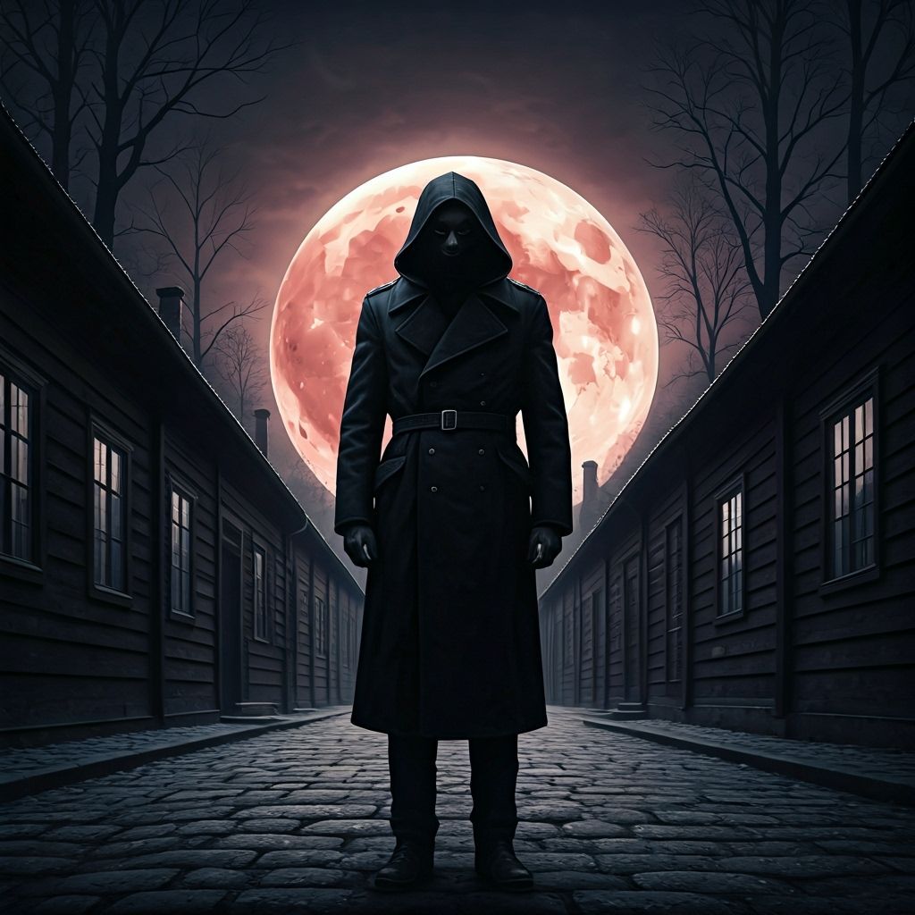 Ominous Figure in Death Camp Under Blood Moon
