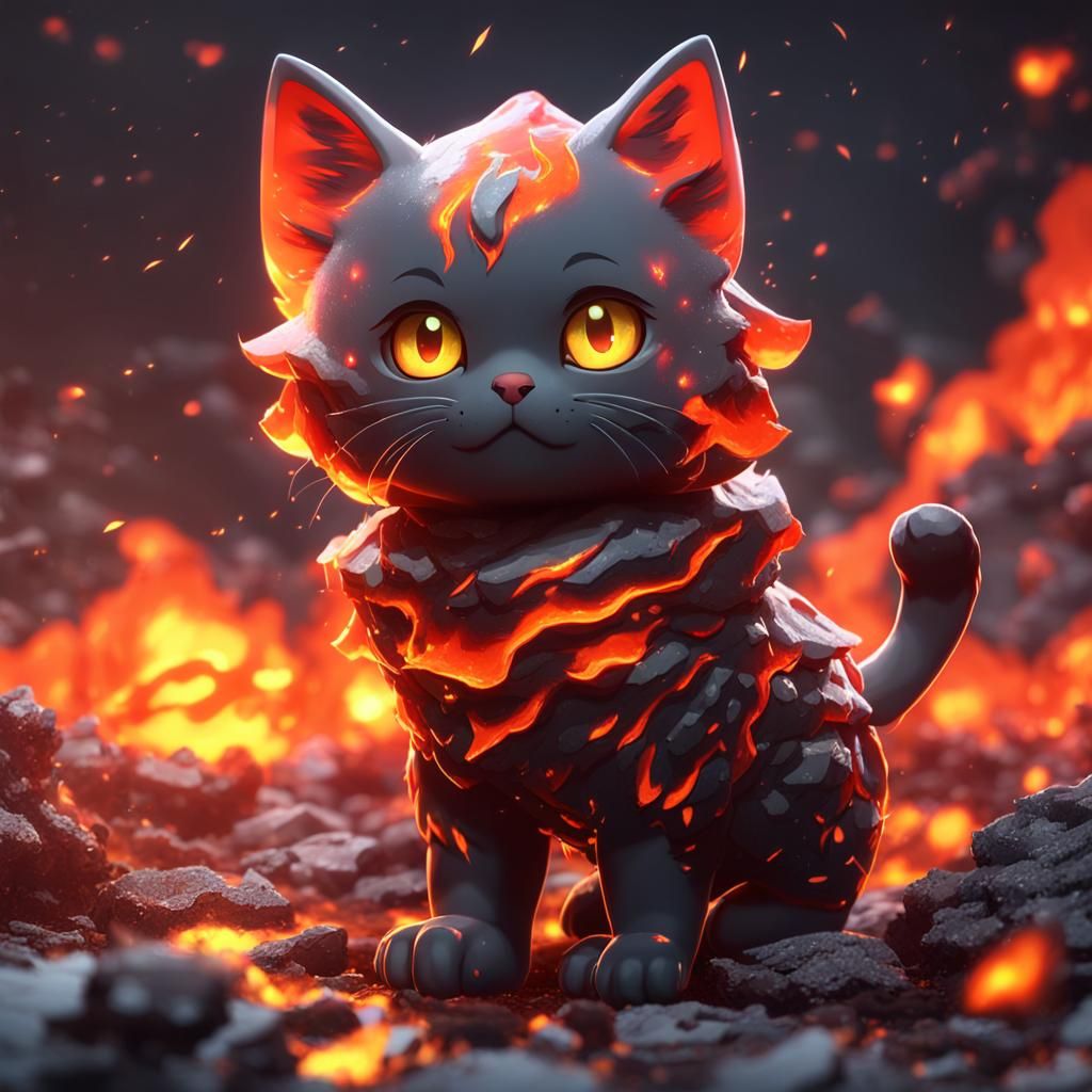 Fiery Anime Kitten in Magma Landscape