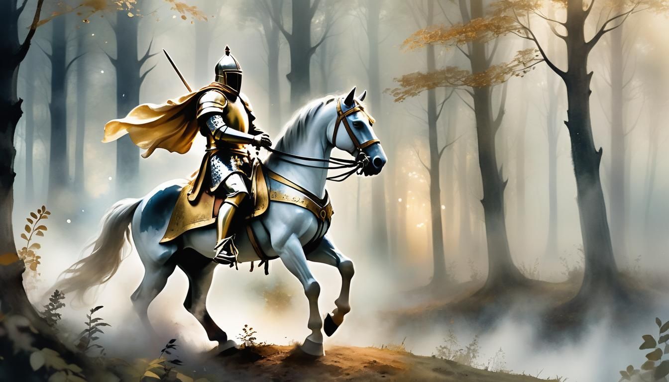 Knight Jousting in Misty Forest, Watercolor Style