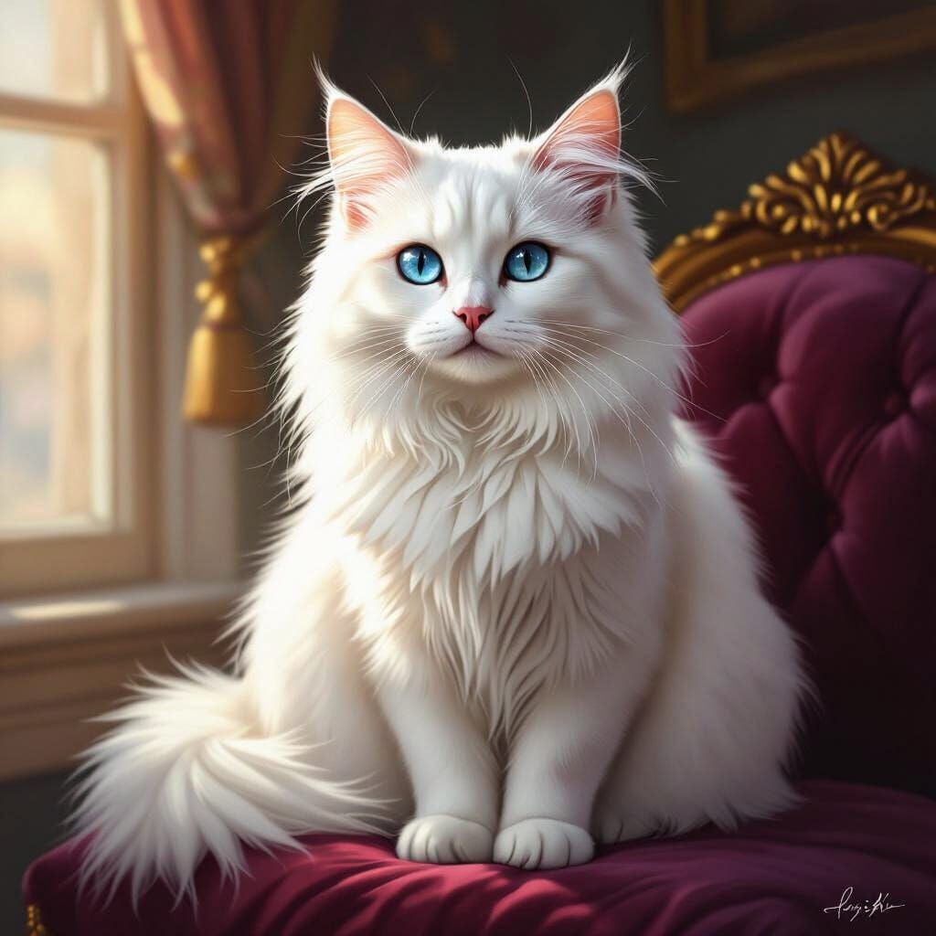 Majestic White Cat on Velvet Cushion