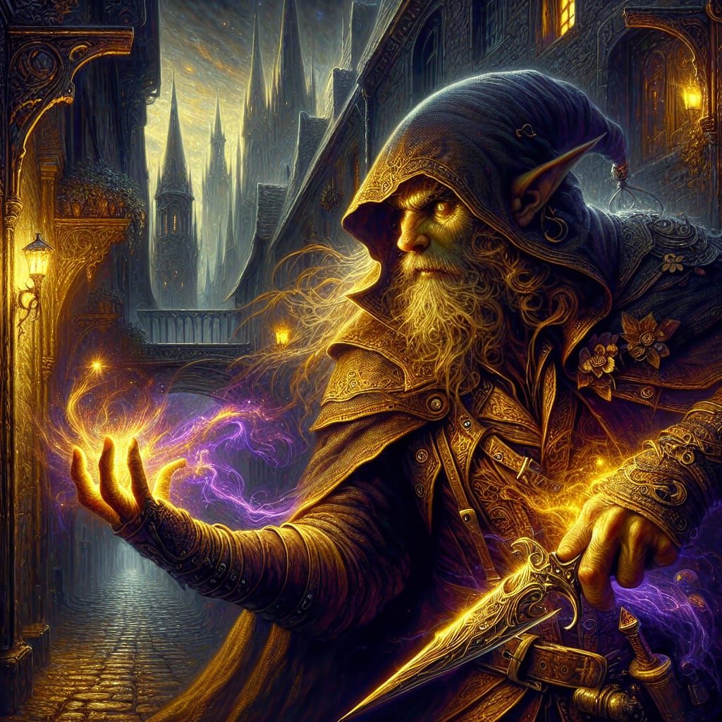 Halfling Rogue in Dark Medieval Street, Art Nouveau Style
