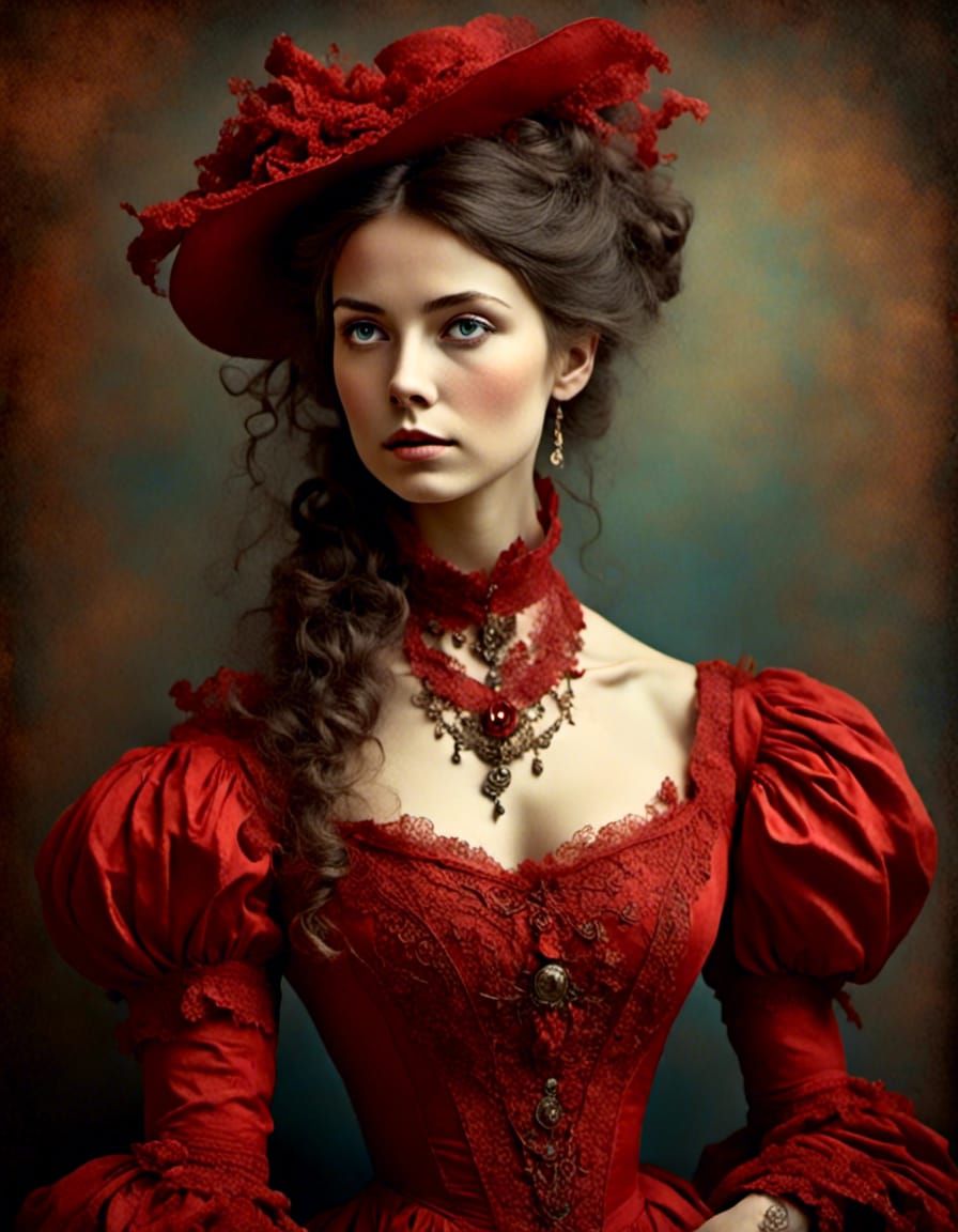 Victorian Woman in Red Dress: Hyperreal Watercolor Portrait
