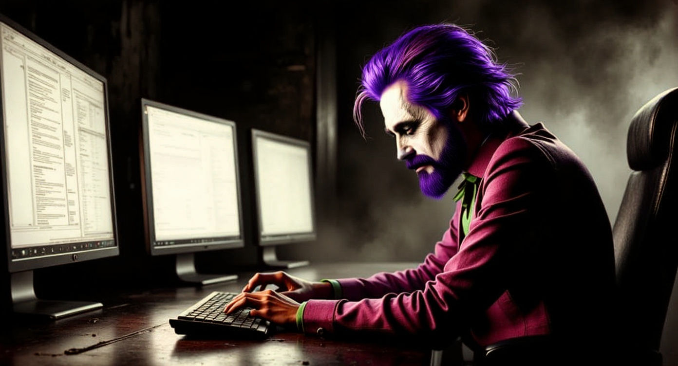 Indian Joker at Desk in Cyberpunk Office