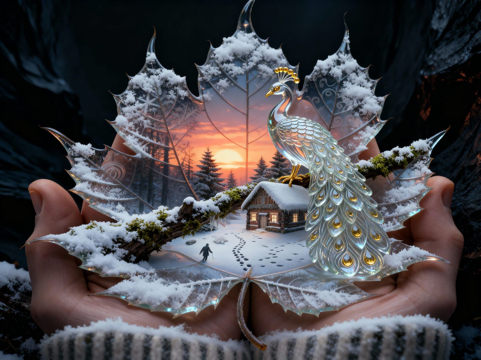 Embossed Glass Peacock on Snowy Branch at Sunset