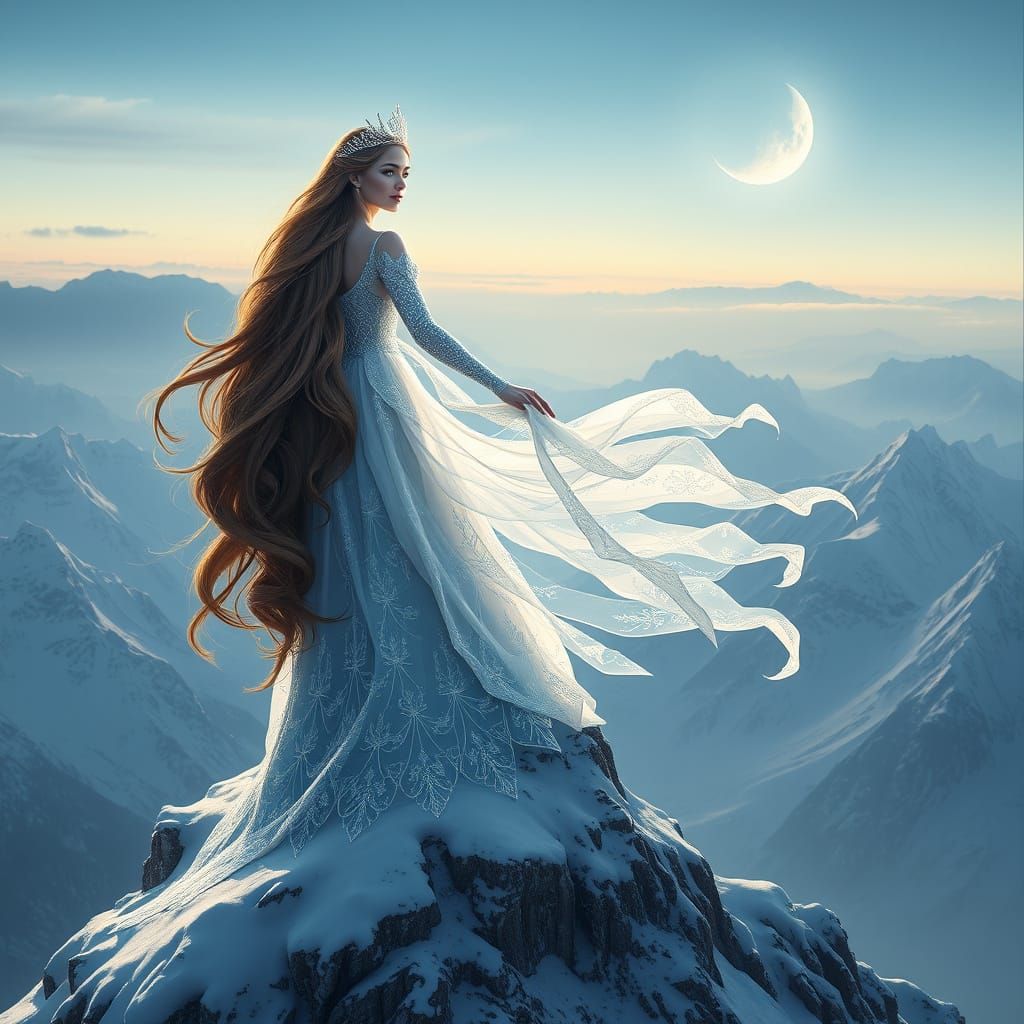 Ethereal Fantasy Princess on Snowy Mountain Peak