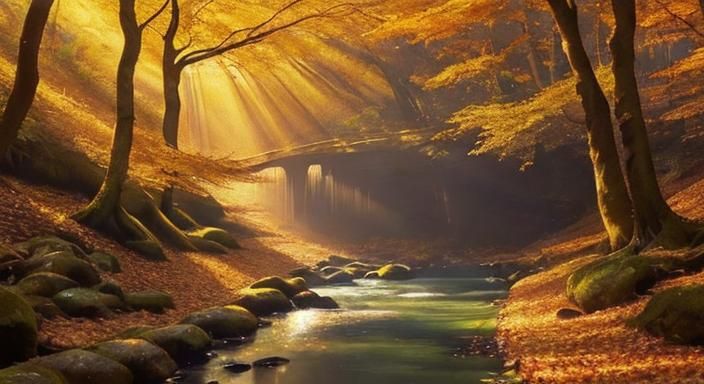 Enchanted Forest Stream in Autumn Sunlight