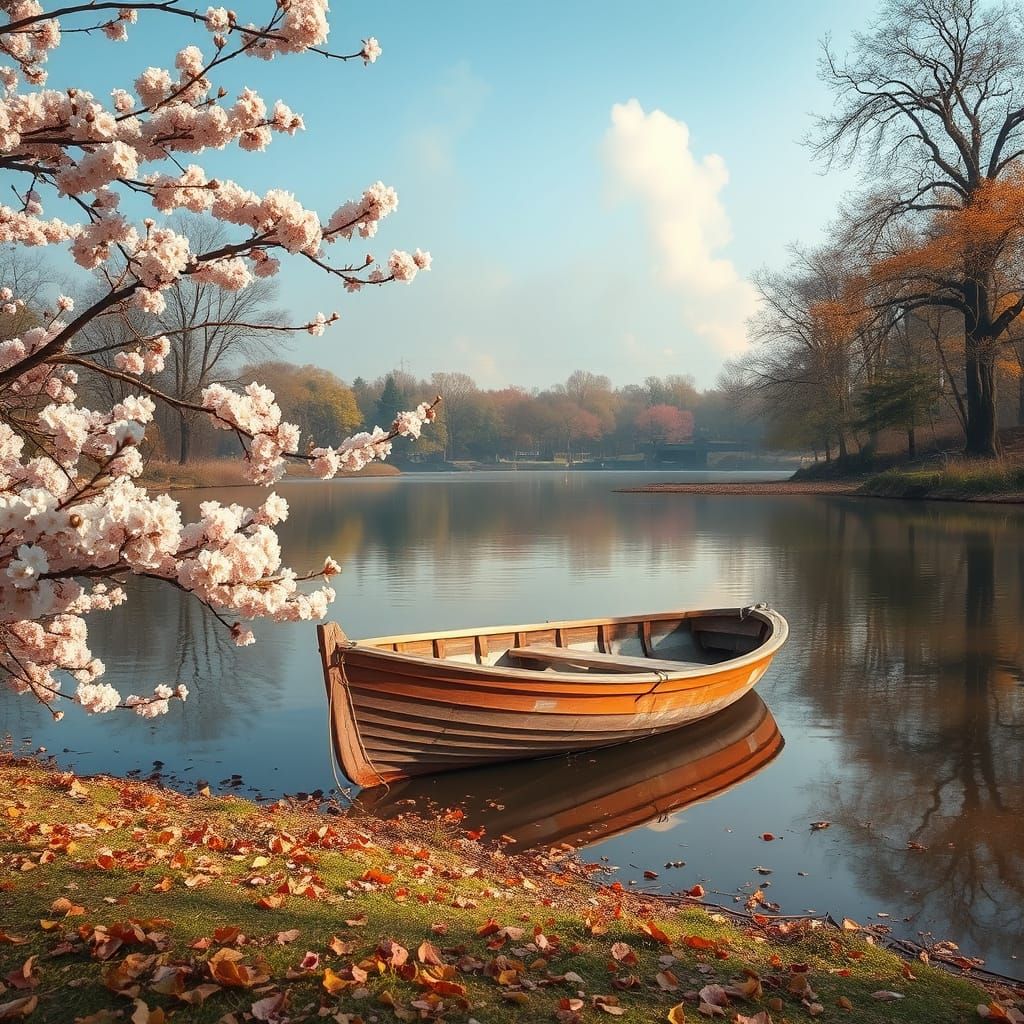 Autumn Nature Park with Sakura Blooms and War Smoke