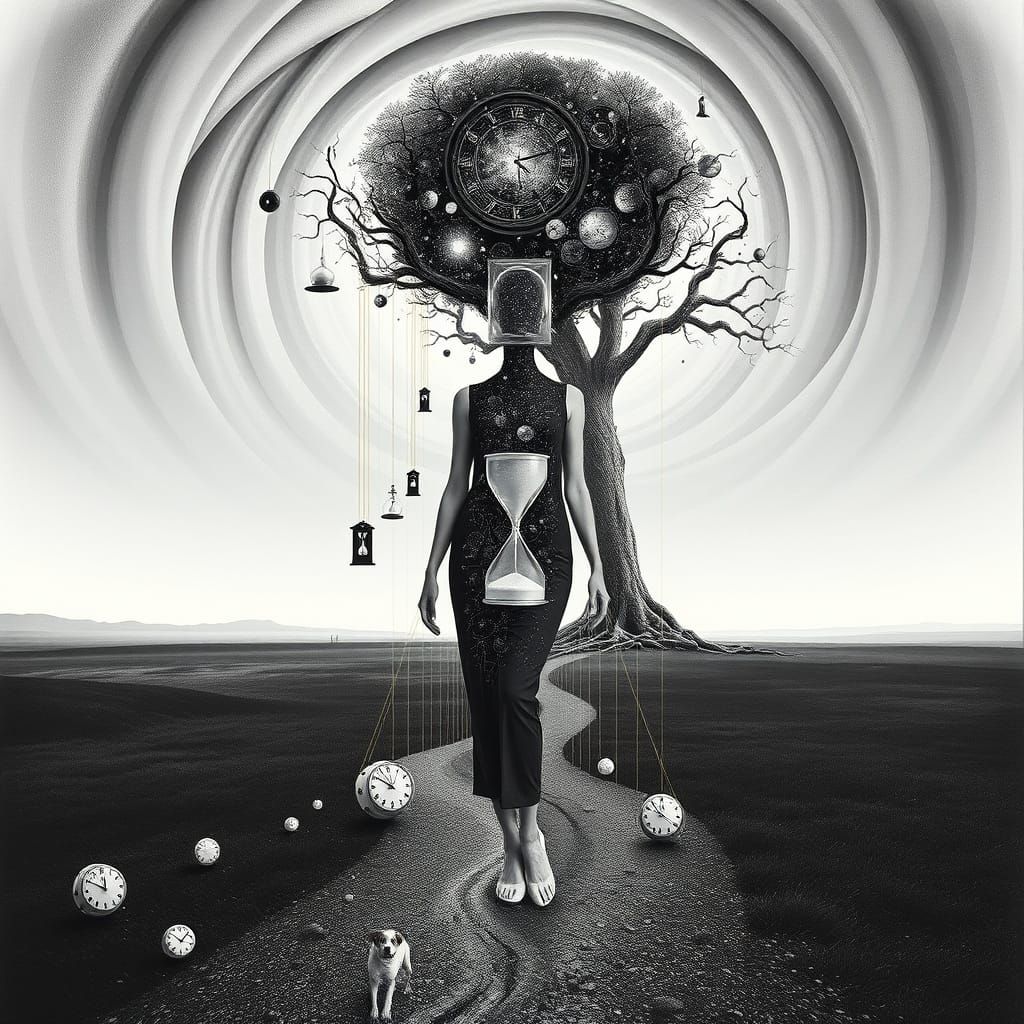 Elegant Woman in Surreal Black and White Landscape with Hidd...