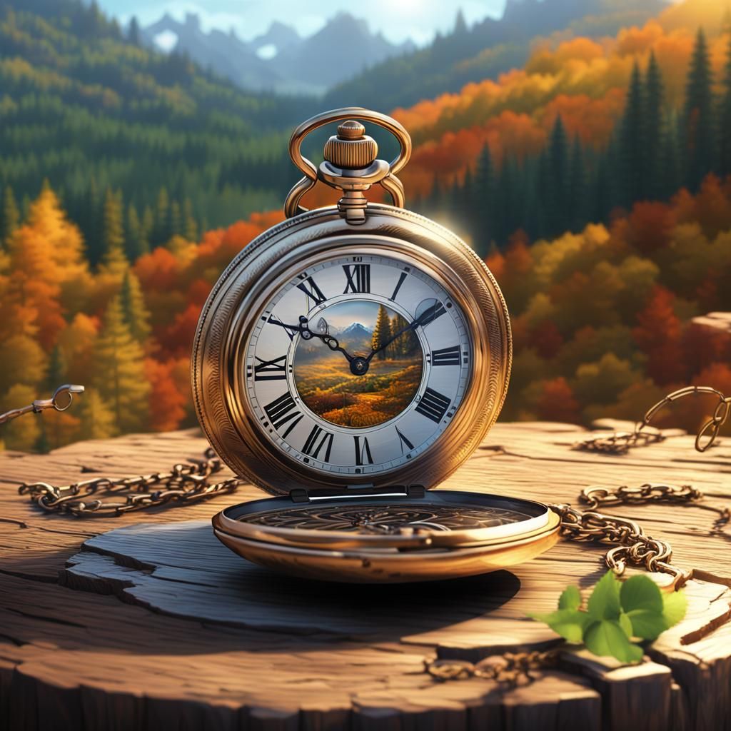 Melting Roman Numeral Watch in Forest, Digital Art