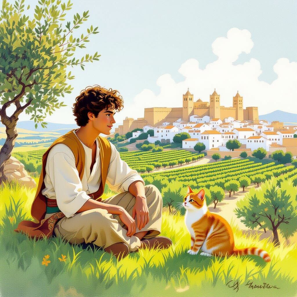 Young Man and Cat in Tunisian Landscape, Fairytale Illustrat...