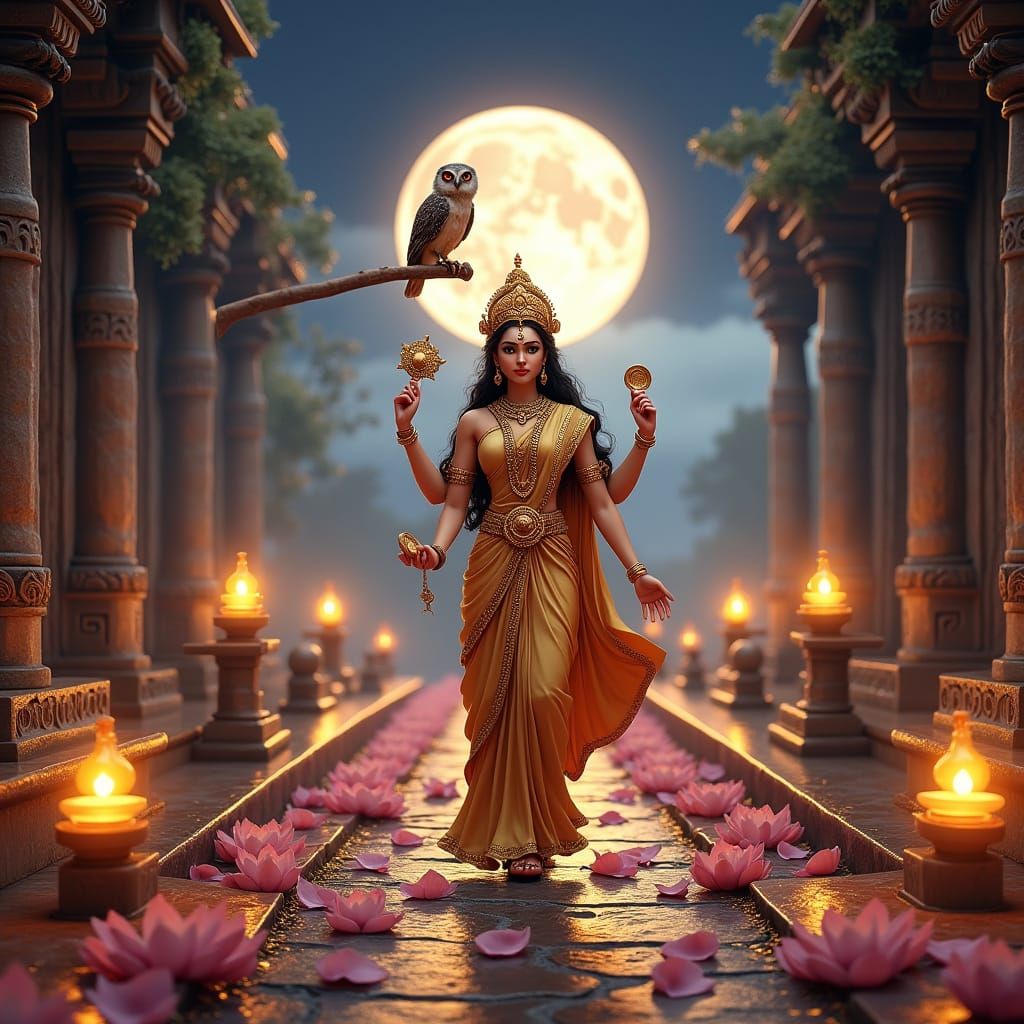 Lakshmi Blesses Temple Courtyard in Moonlit Anime Art