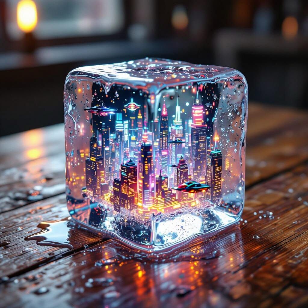 Cyberpunk City Frozen in Melting Ice Cube