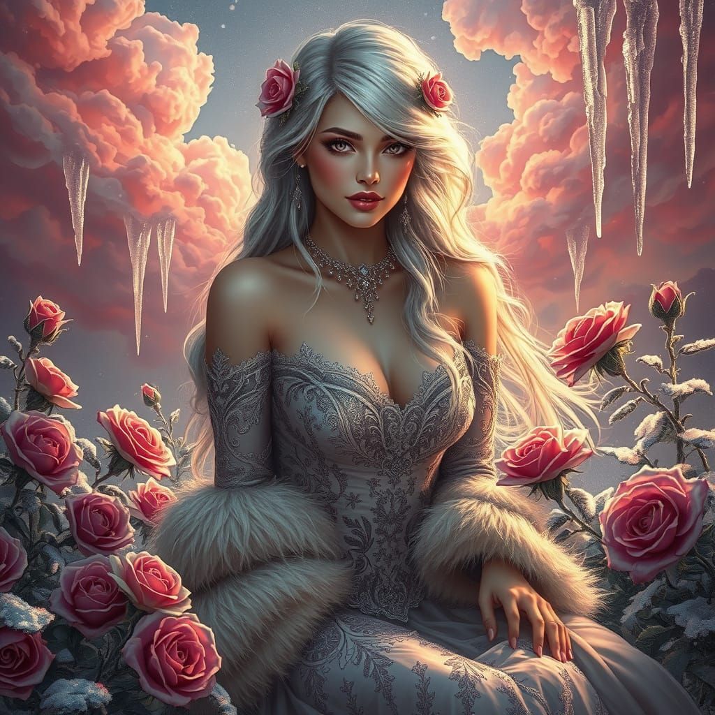 a beautiful ethereal woman with long, flowing silver-white h...