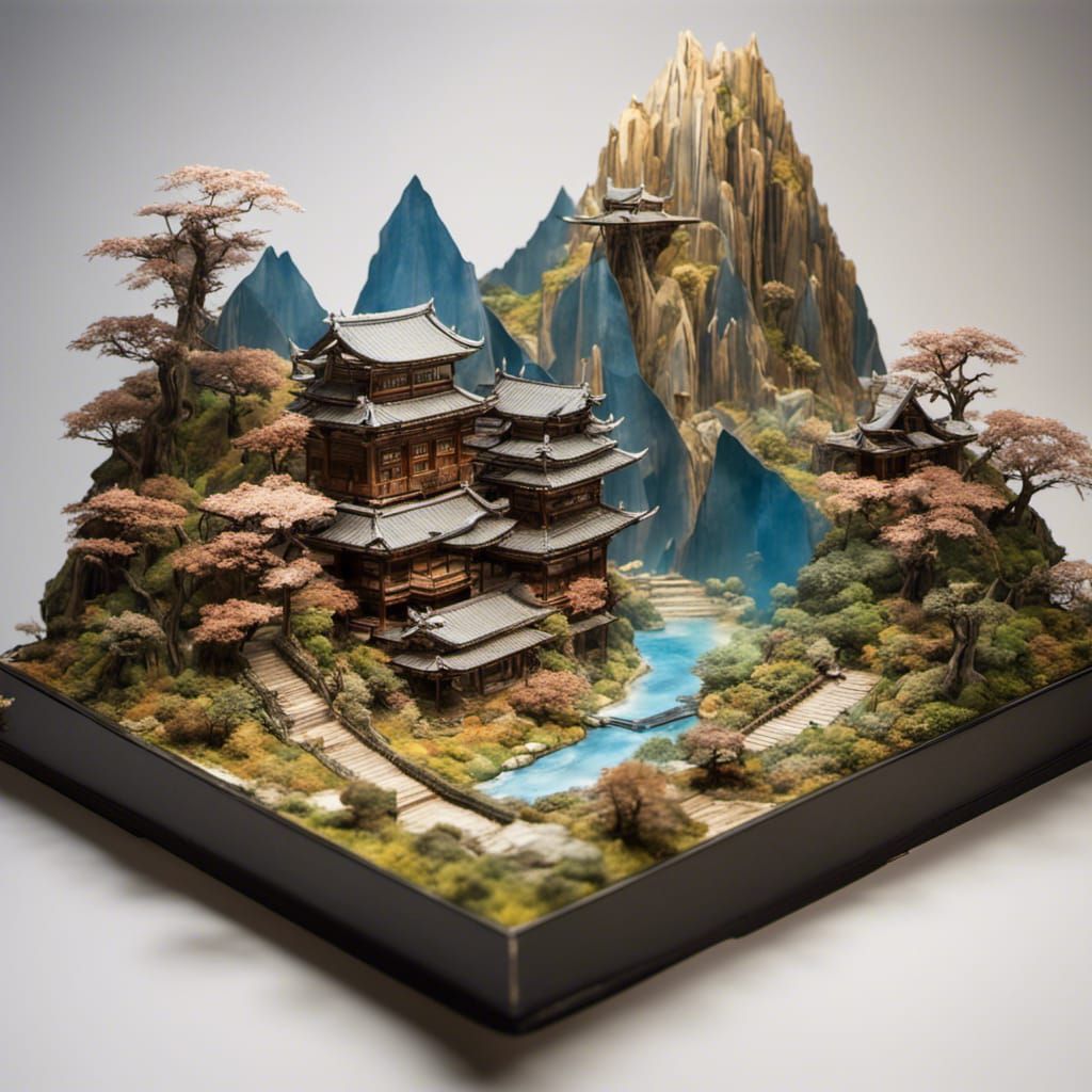 Origami Japanese Landscape with Waterfall and Temple