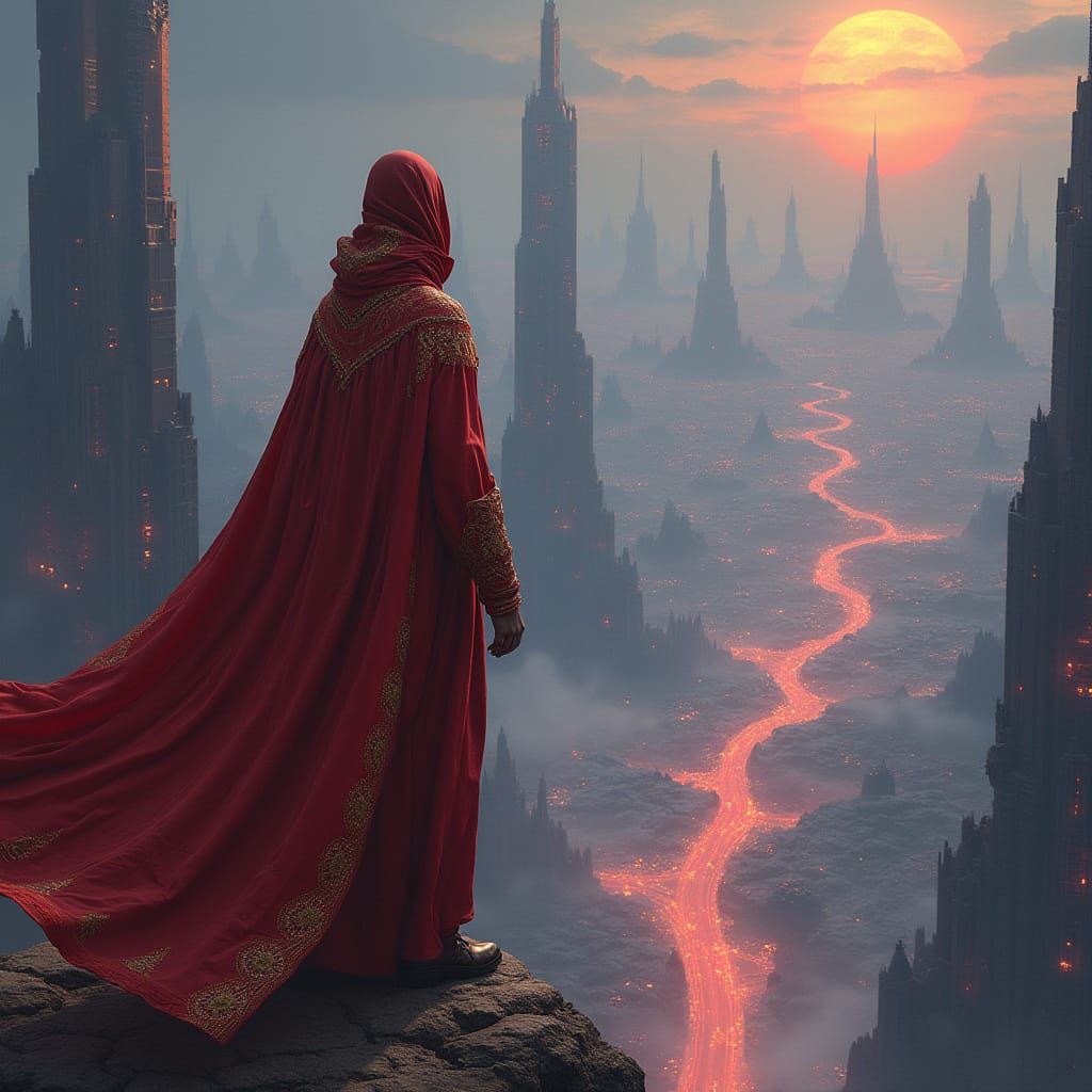 Elegant Zharan Dominion Envoy on Alien Metropolis Precipice