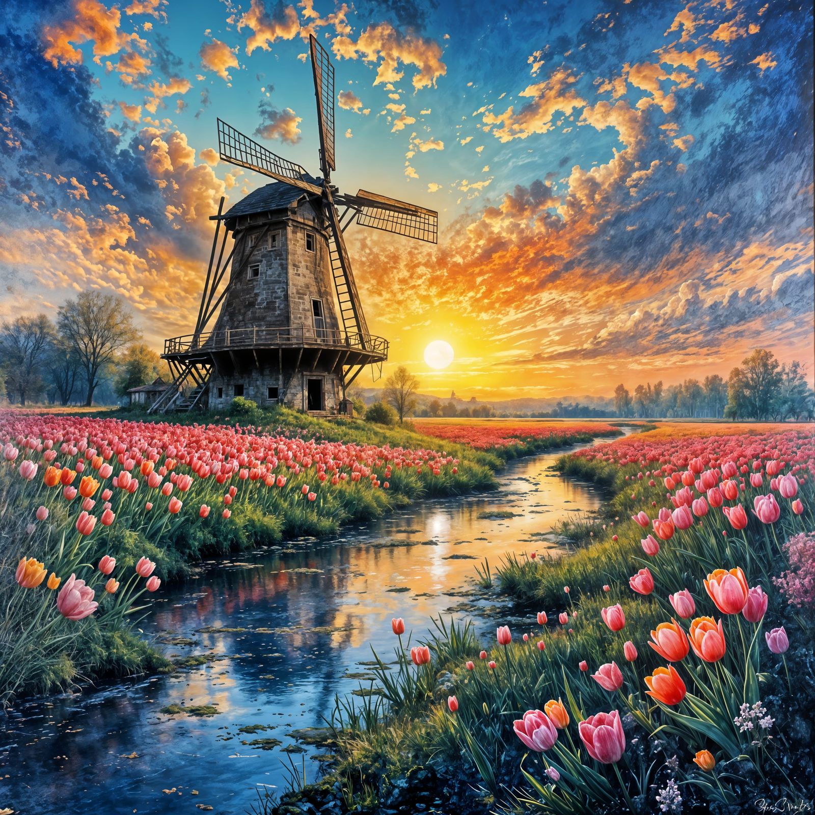 A Serene Windmill Amidst a Vibrant Tulip Sunset