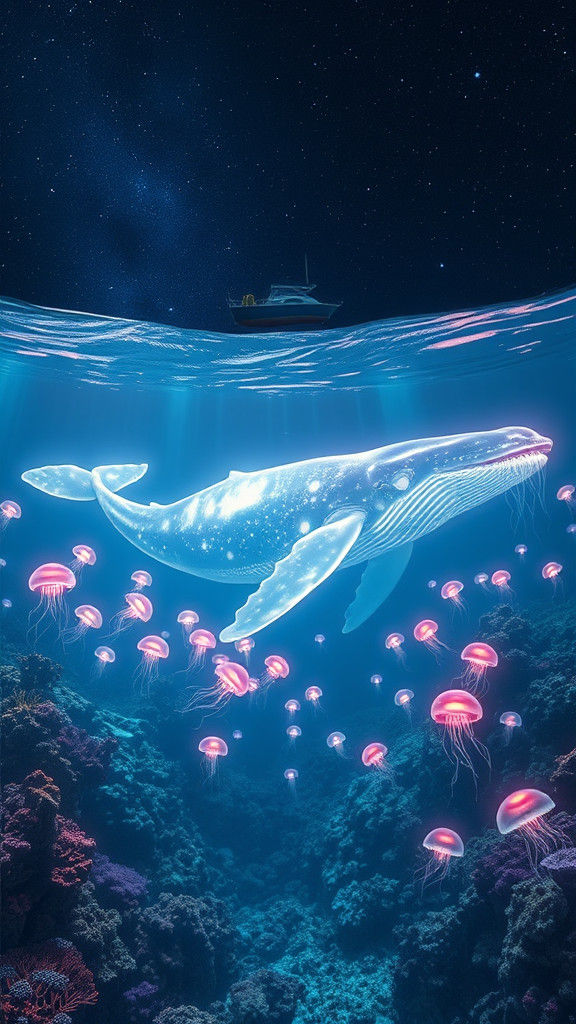 Ethereal Whale in Coral Reef: a Panoramic Underwater Dreamsc...