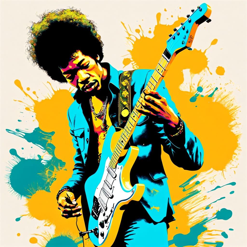 Jimi Hendrix Rocking Out in Vibrant Pop-Art Style