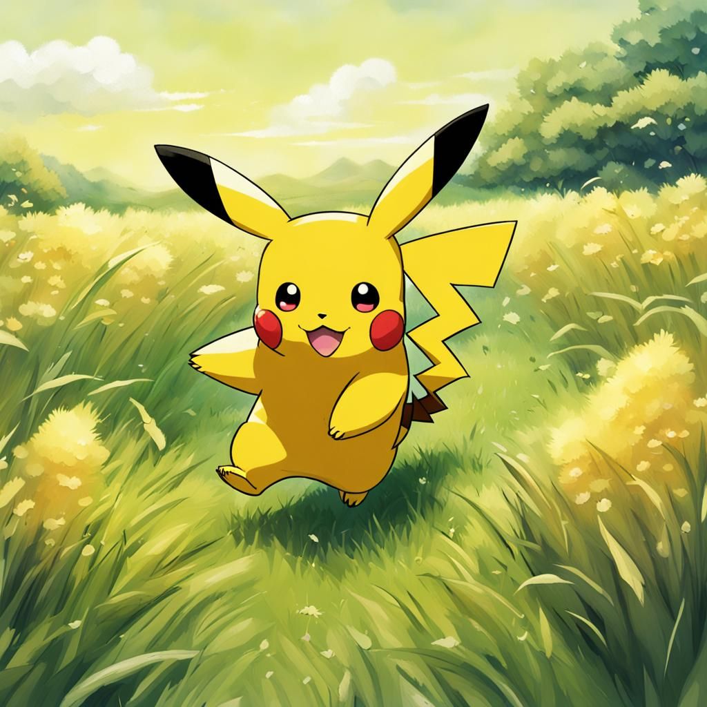 Fluffy Pikachu Running in a Green Field