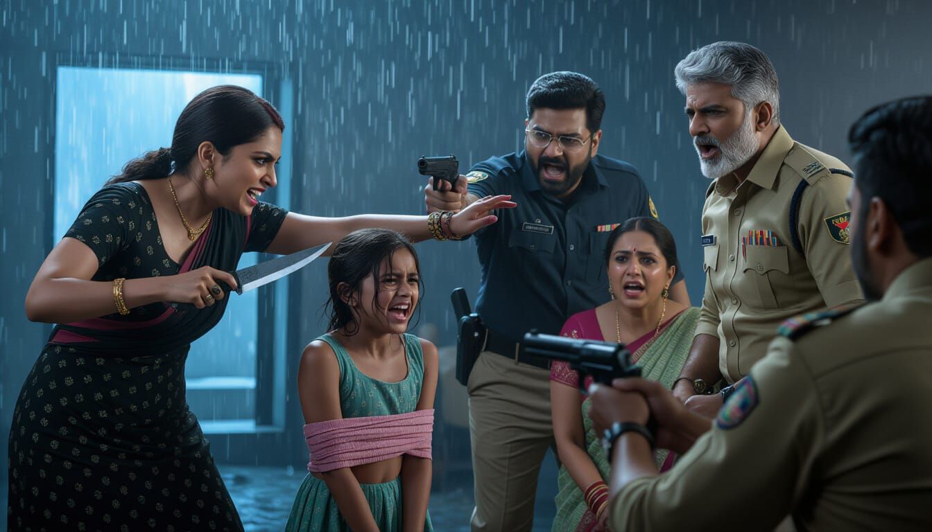 Cinematic Scene: Woman with Knife Lunges at Child