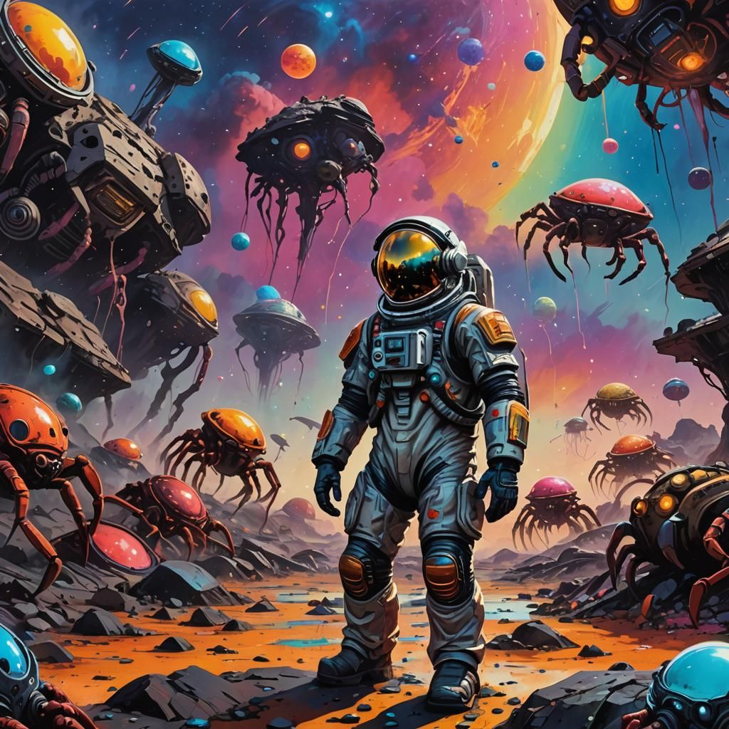 Astronaut Confronts Crab Aliens in Graffiti Art