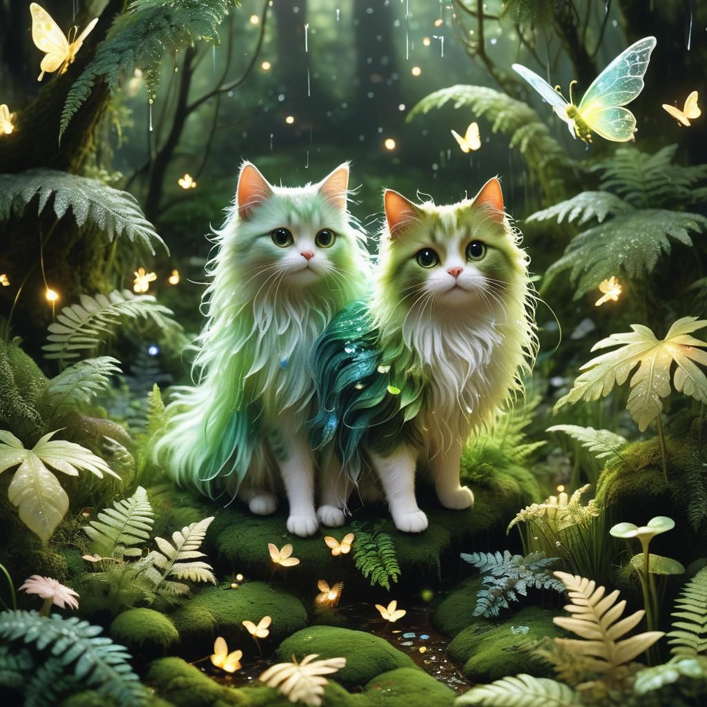 Rain of Tiny Cats and Fairy in Mystical Forest