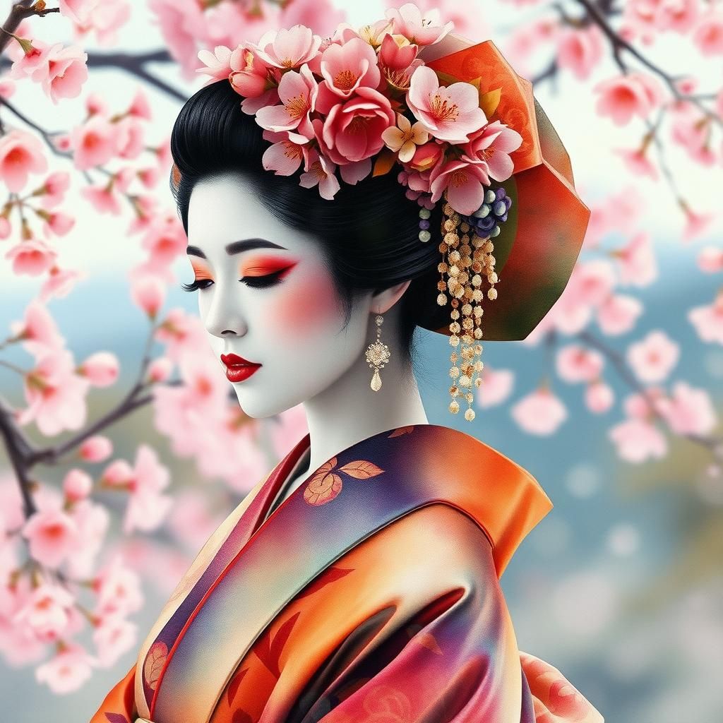 Vibrant Watercolour Geisha in Dreamy Cherry Blossom Landscap...