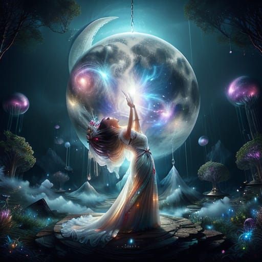 Surreal Fantasy Scene with Ethereal Woman and Glowing Clouds