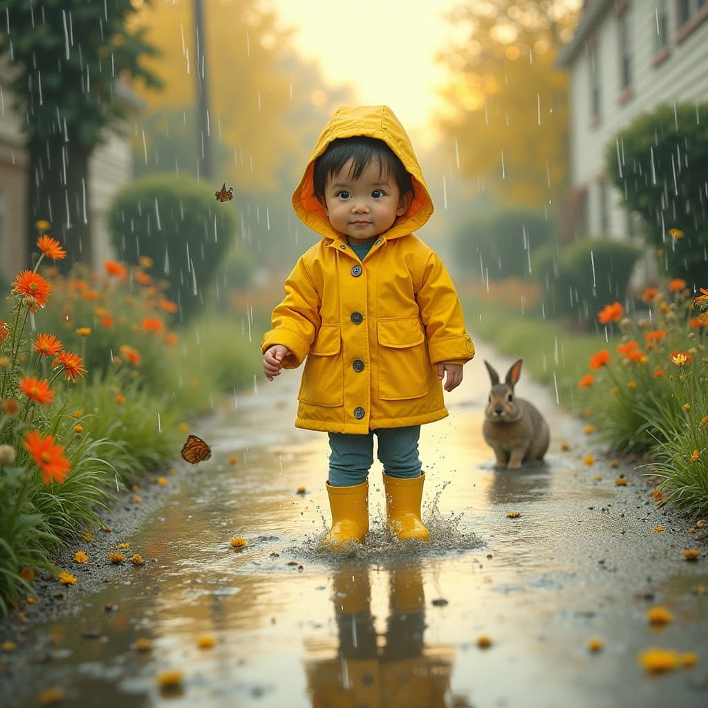 Child Splashing in Puddles: Storybook Illustration