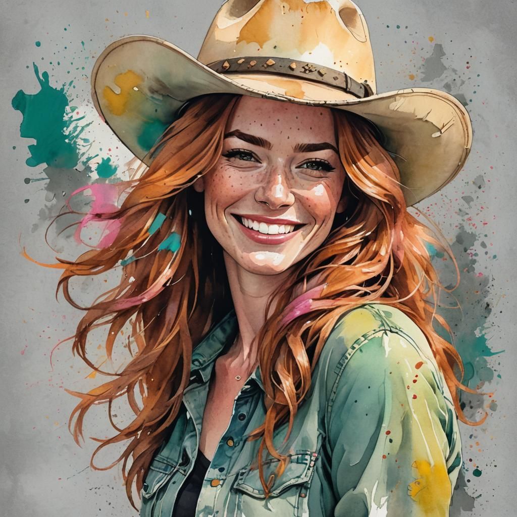 Freckled Auburn Woman in Cowboy Hat: Watercolor Portrait