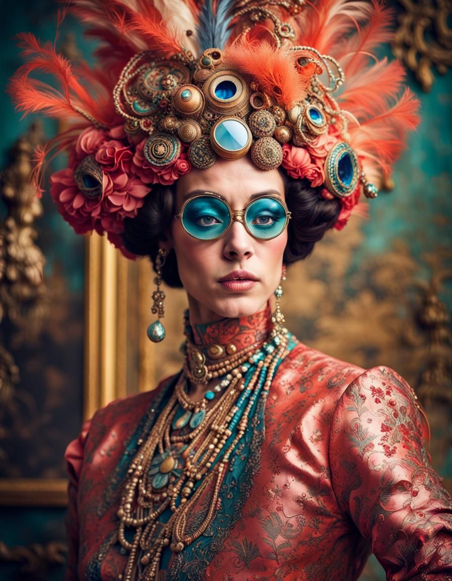 a vintage portrait of woman in blue glasses.