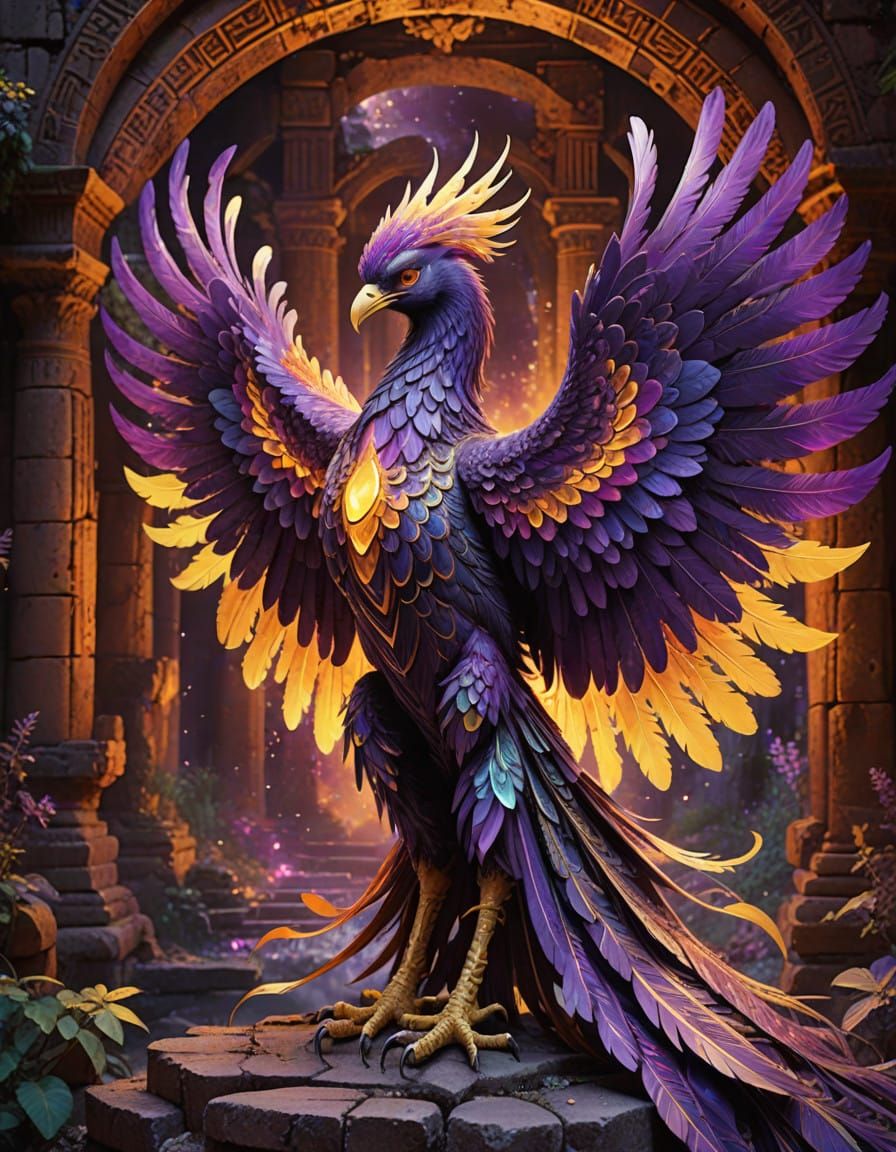 Regal Fantasy Phoenix Illuminated by Ancient Ruins