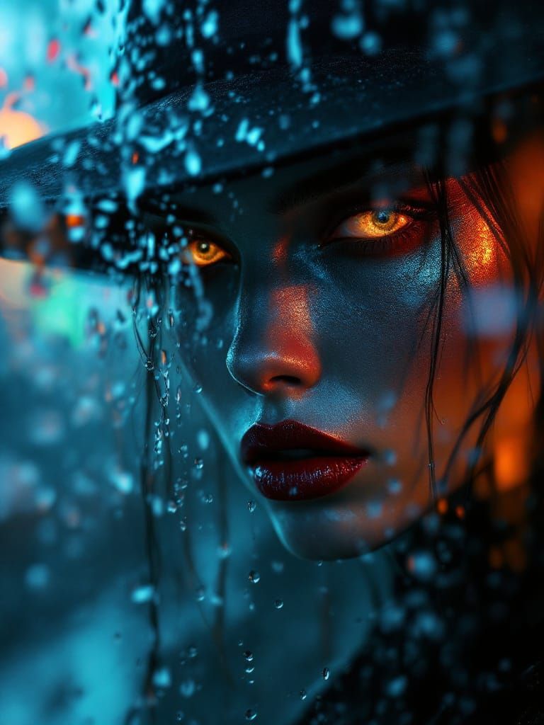 Mysterious Figure Behind Rain-Streaked Glass in Twilight