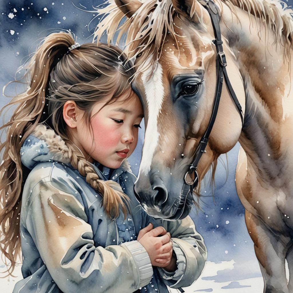 Watercolor: Girl and Mongolian Horse in Snow