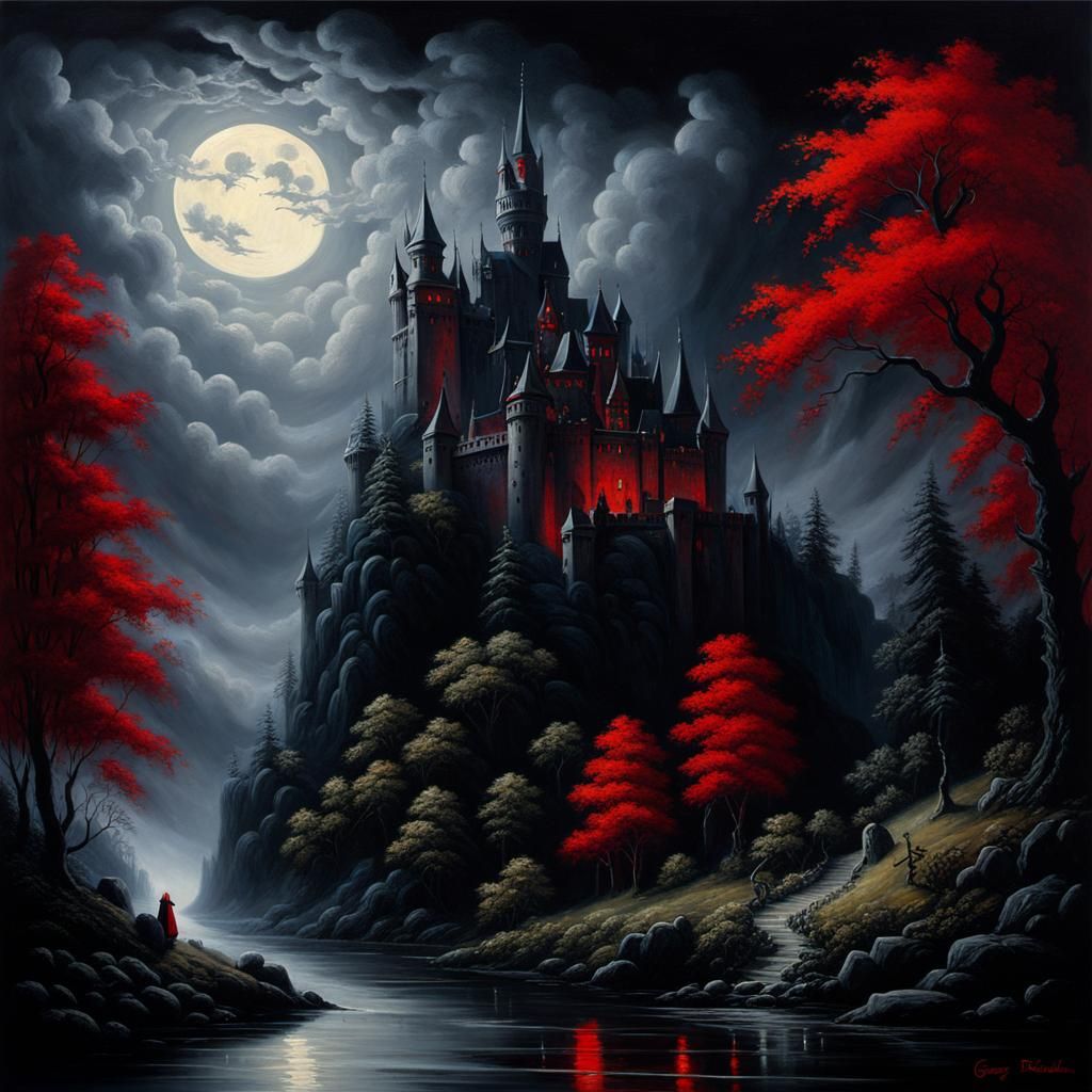 Ethereal Horror: Dracula's Castle in Oil Paint