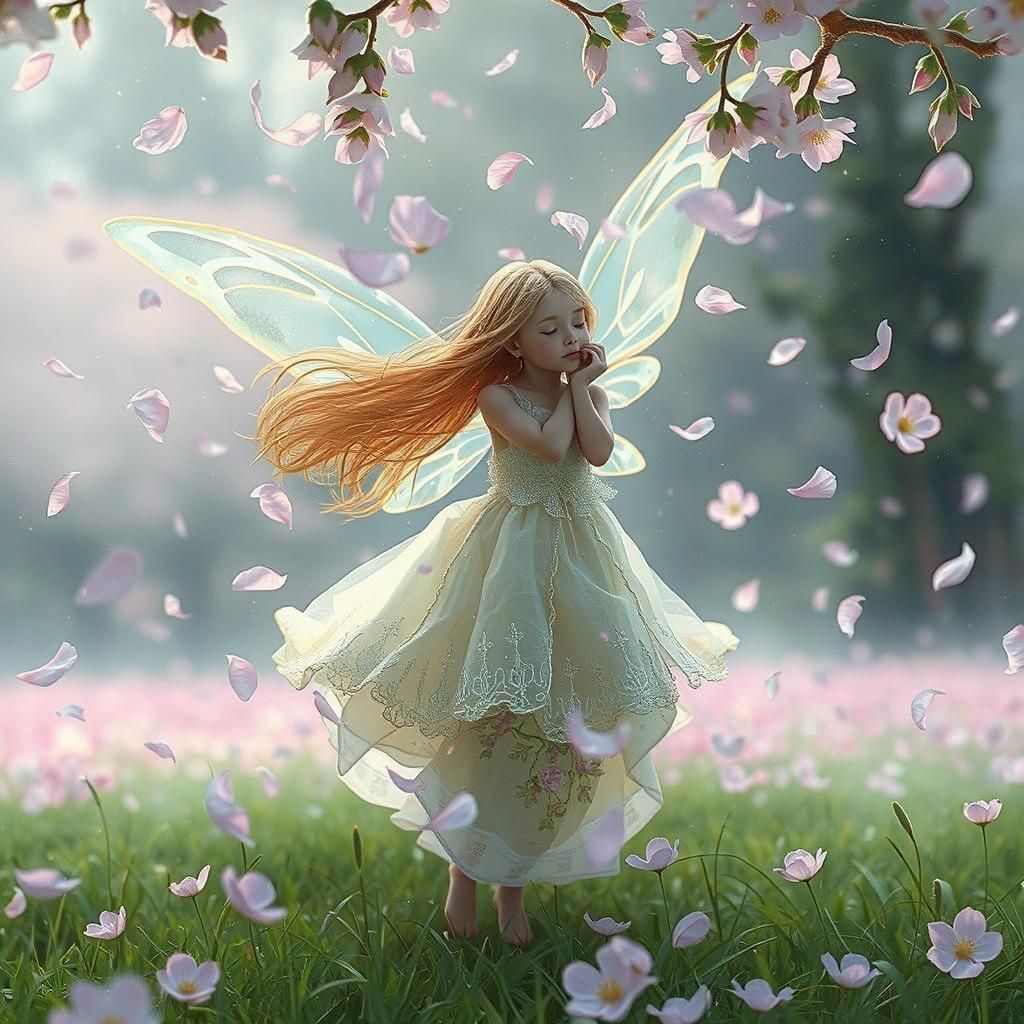 Sakura rain on the shoulders of a fairy