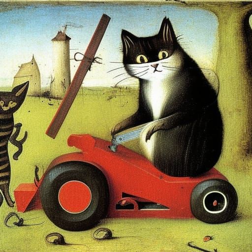 Cats on Farm Equipment in Surrealist Style
