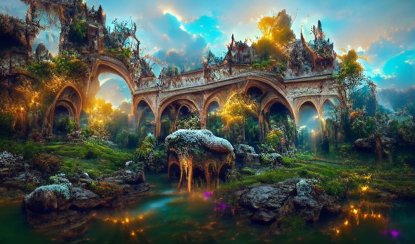 Twilight Fairy Realm Landscape with Elegant Architecture