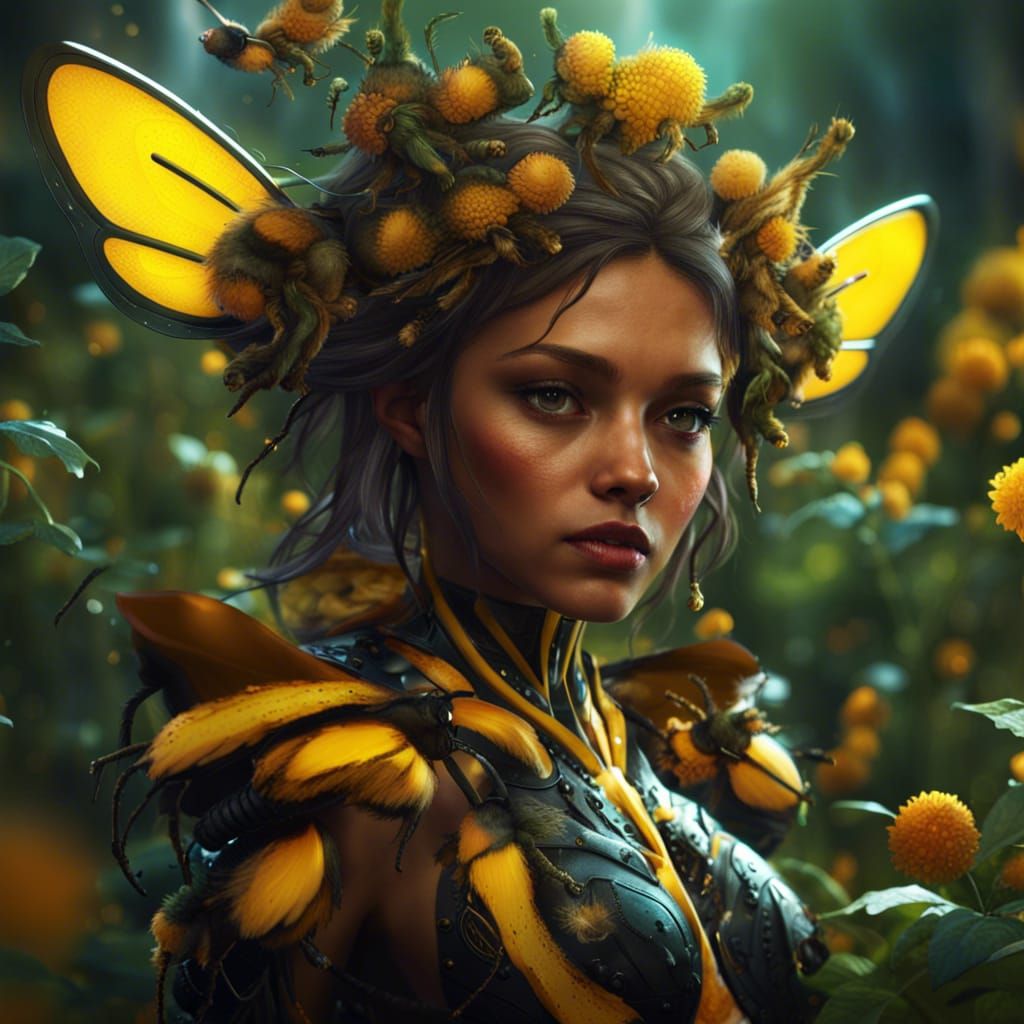 Bumble Bee Fairy Girl with Leaf Wings