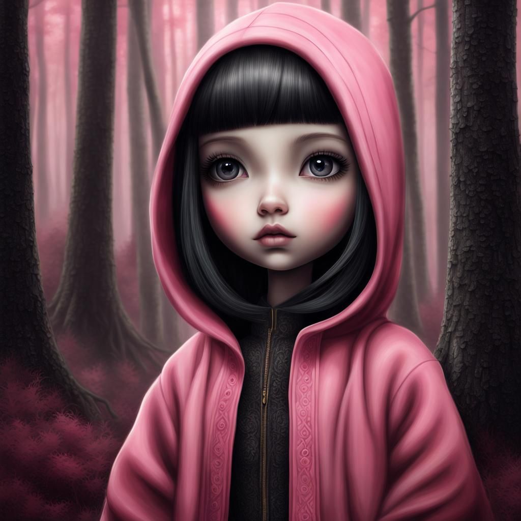 Chibi Girl Portrait in Pink Monochrome, Digital Art