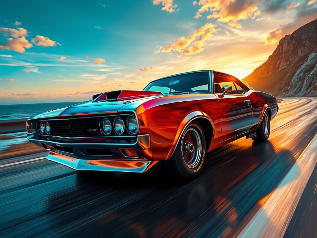 Vintage Muscle Car Cruises at Sunset: Iridescent Art