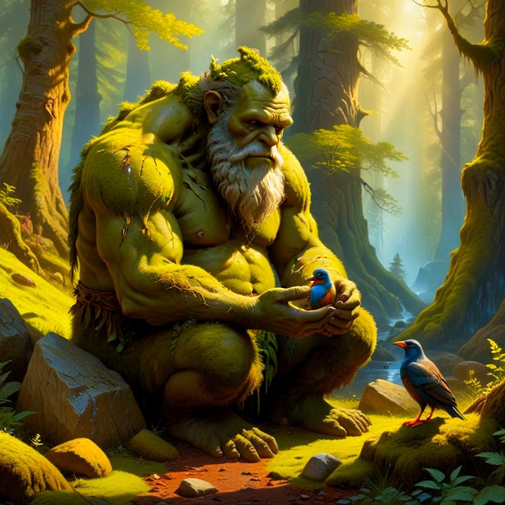 Gentle Giant Cradles Injured Bird in Forest Clearing