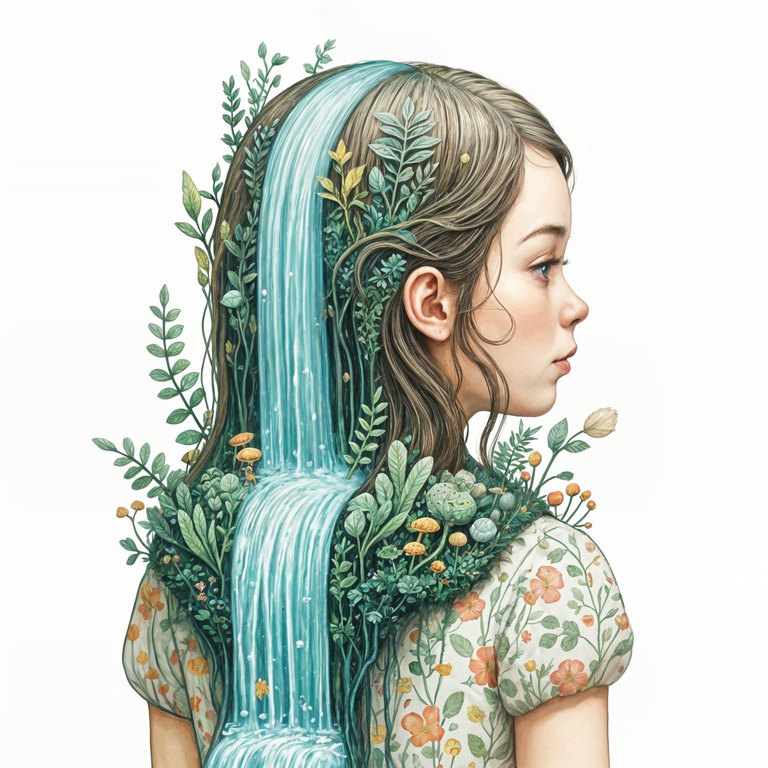 Waterfall Hair: A Lush Jungle Fantasy in Watercolor